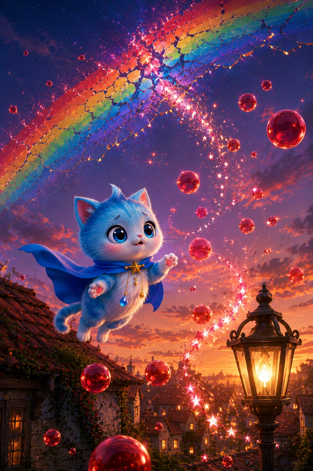 City, children, rainbow and street lamp